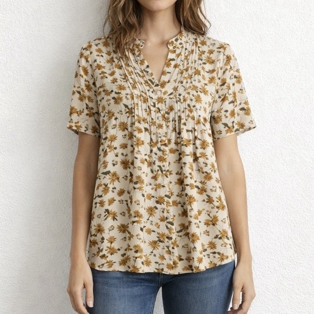 Anthropologie Bohme Sz M Floral Ruffle Short Sleeve Top Peasant Boho Lightweight